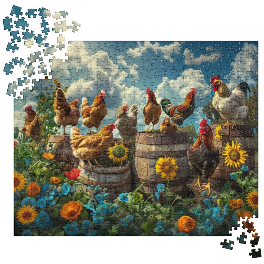 Farm puzzle with chickens, flowers and whisky barrel