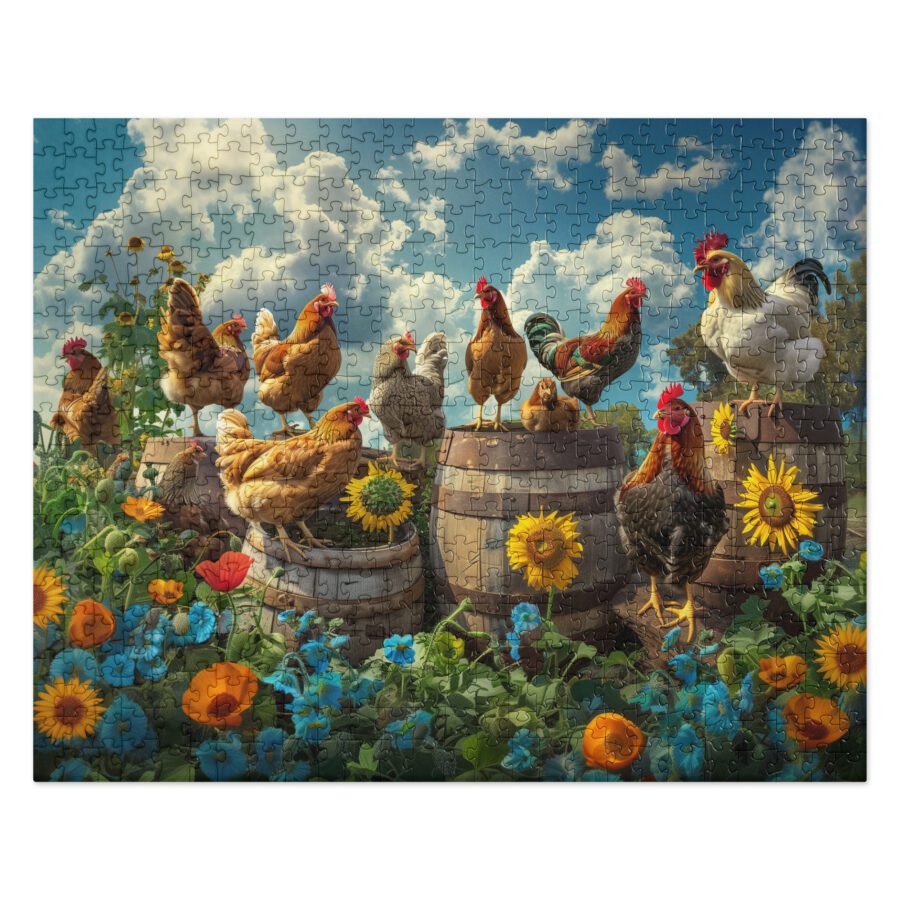 Farm puzzle with chickens, flowers and whisky barrel