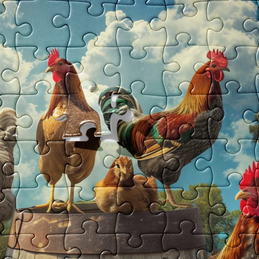 Farm puzzle with chickens, flowers and whisky barrel