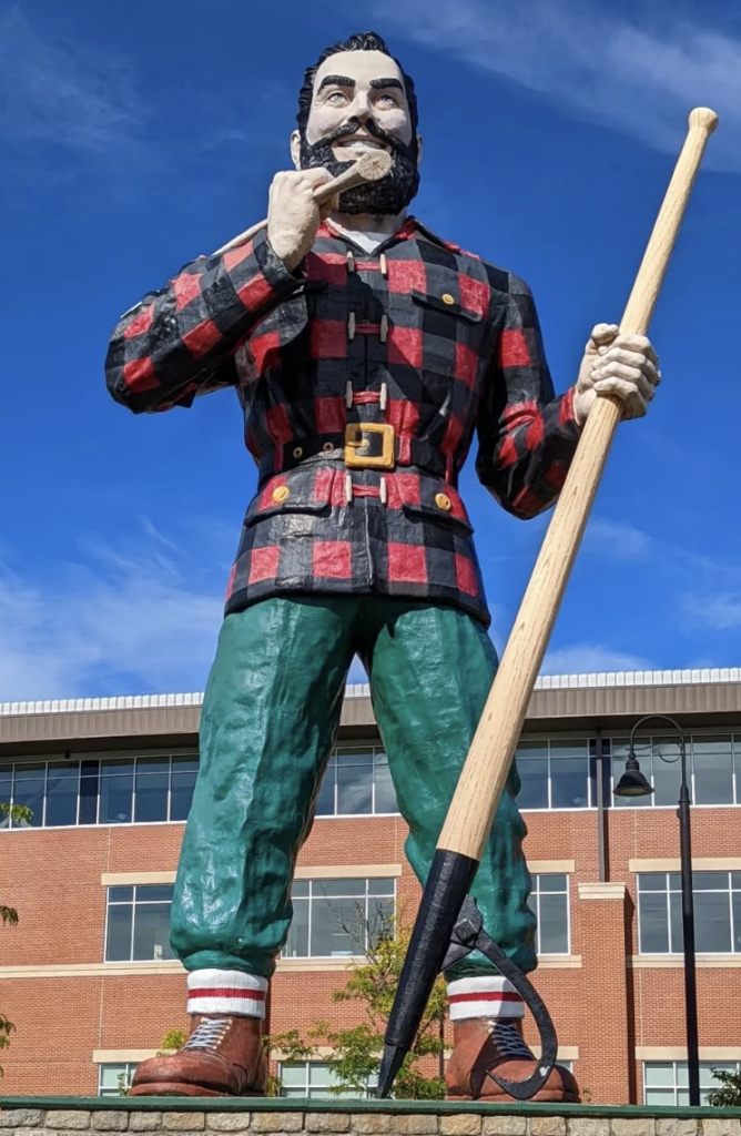 Paul Bunyan in Bangor, Maine once the umber capitol of the world. Kevin Wheaton sharpens sawmill blades nearby in Bradley Maine are sawmill bandsaw blade  